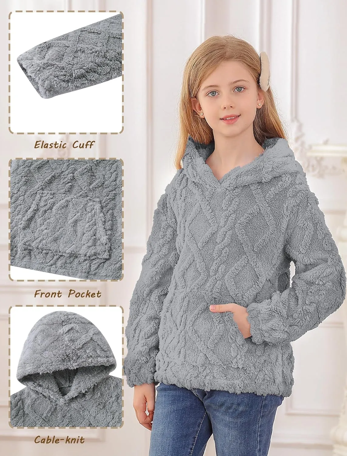 TUONROAD Girls Fuzzy Fleece Hoodies Cable Knit Warm Sherpa Pullover Sweatshirt with Pockets 6-13 Years