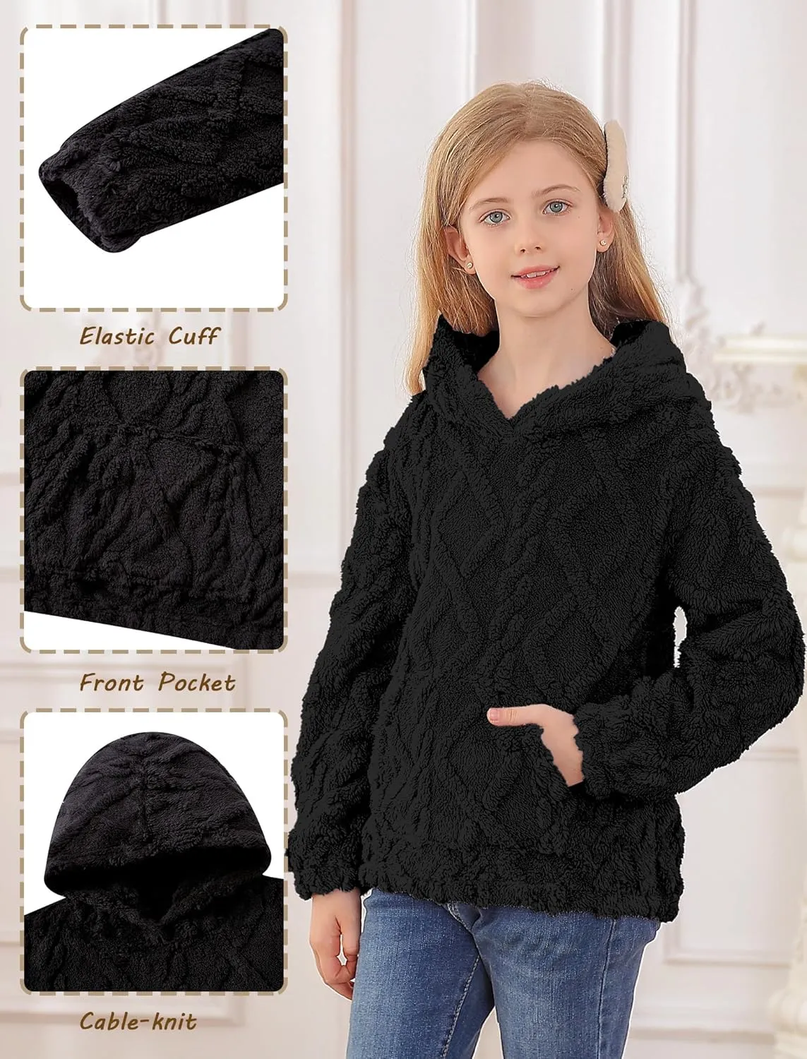 TUONROAD Girls Fuzzy Fleece Hoodies Cable Knit Warm Sherpa Pullover Sweatshirt with Pockets 6-13 Years