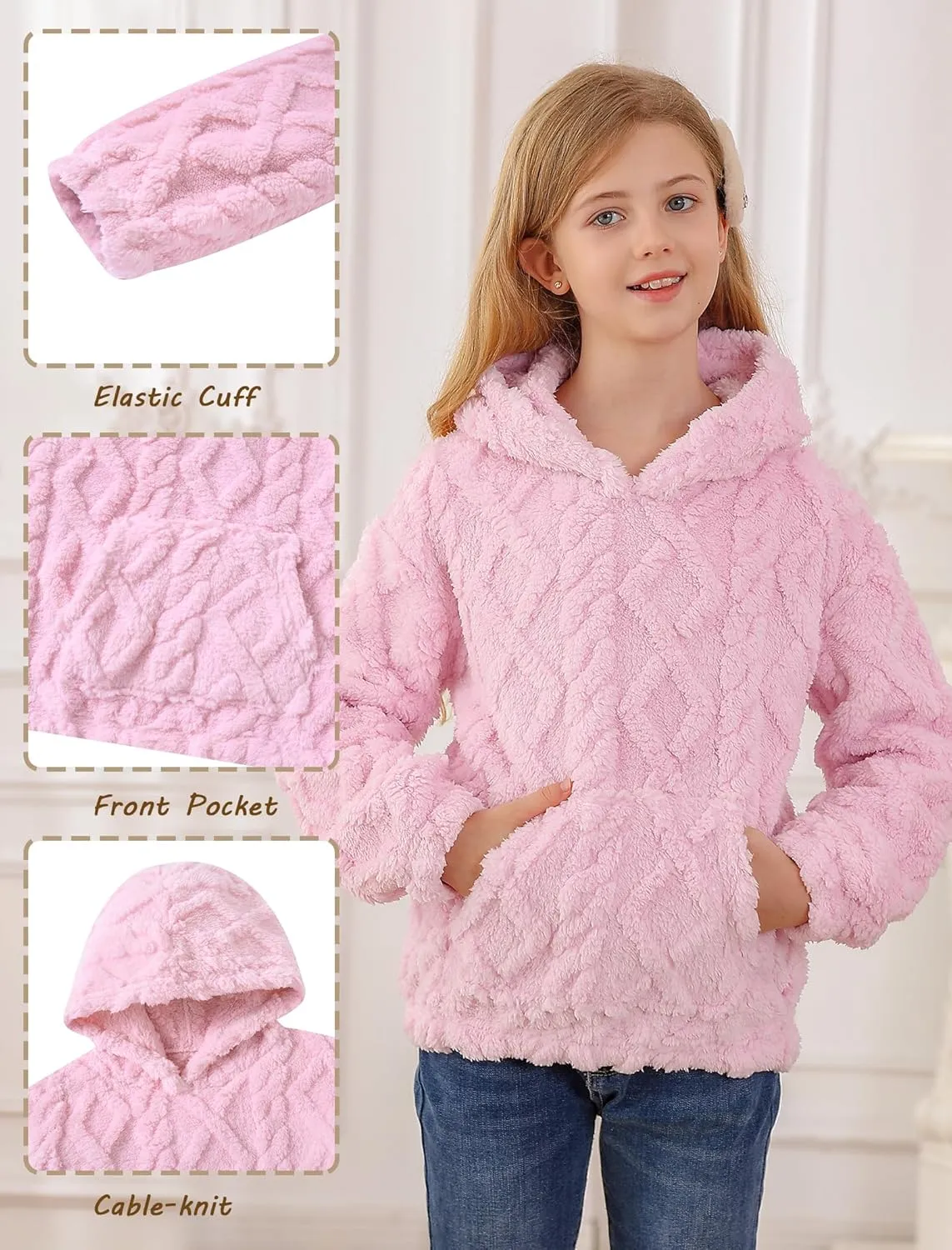 TUONROAD Girls Fuzzy Fleece Hoodies Cable Knit Warm Sherpa Pullover Sweatshirt with Pockets 6-13 Years