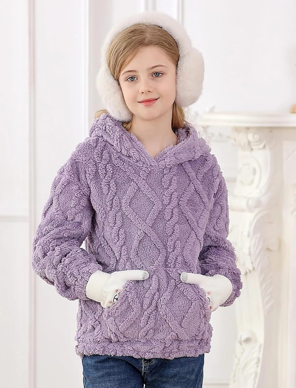 TUONROAD Girls Fuzzy Fleece Hoodies Cable Knit Warm Sherpa Pullover Sweatshirt with Pockets 6-13 Years