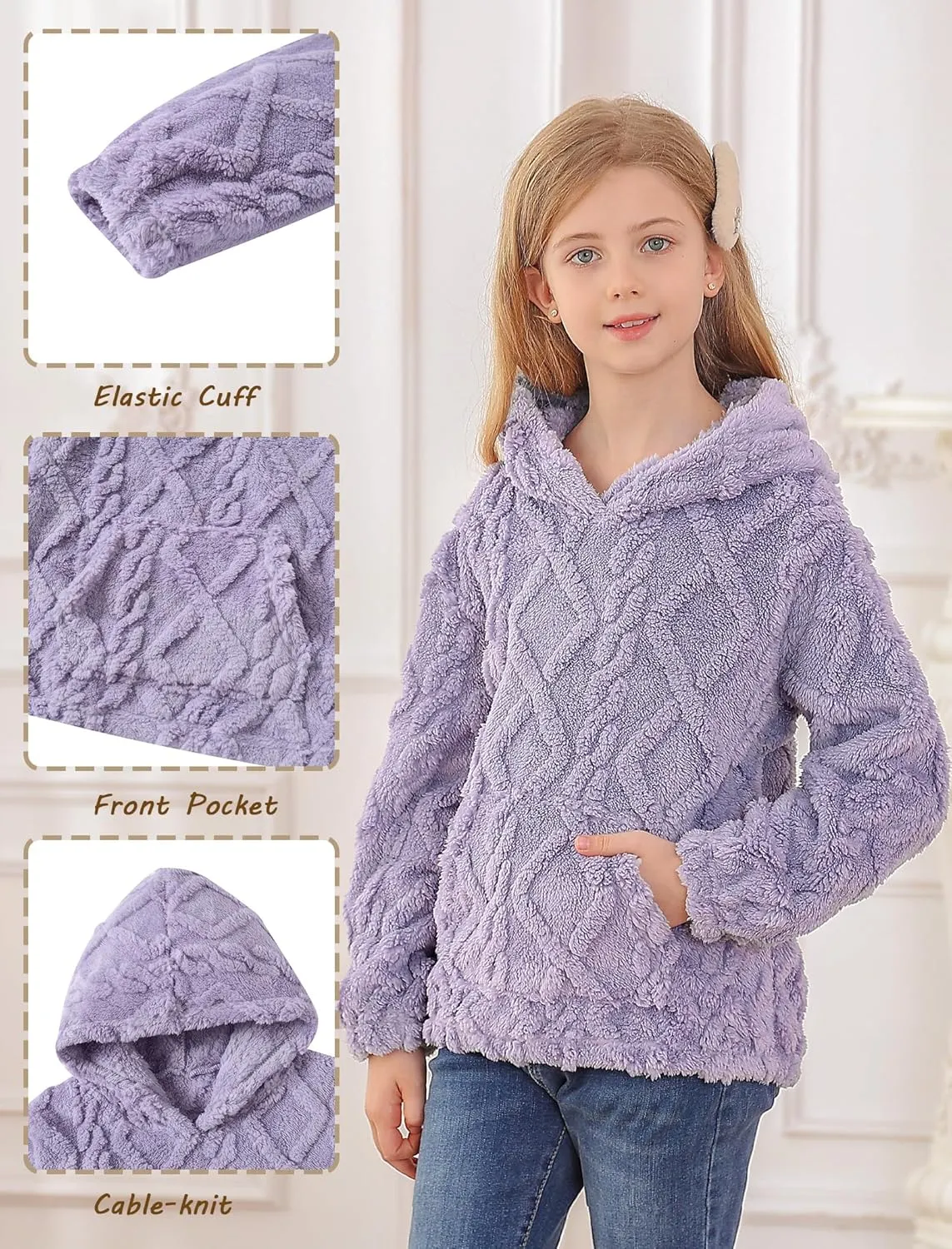 TUONROAD Girls Fuzzy Fleece Hoodies Cable Knit Warm Sherpa Pullover Sweatshirt with Pockets 6-13 Years