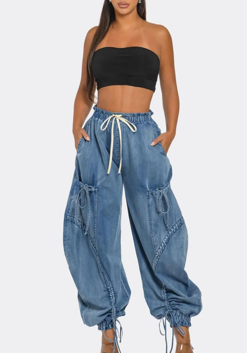 Unybwonn Women Baggy Barrel Jeans High Waisted Y2k Drawstring Bow Tie Cargo Jean Retro Wide Leg Ankle Denim Joggers