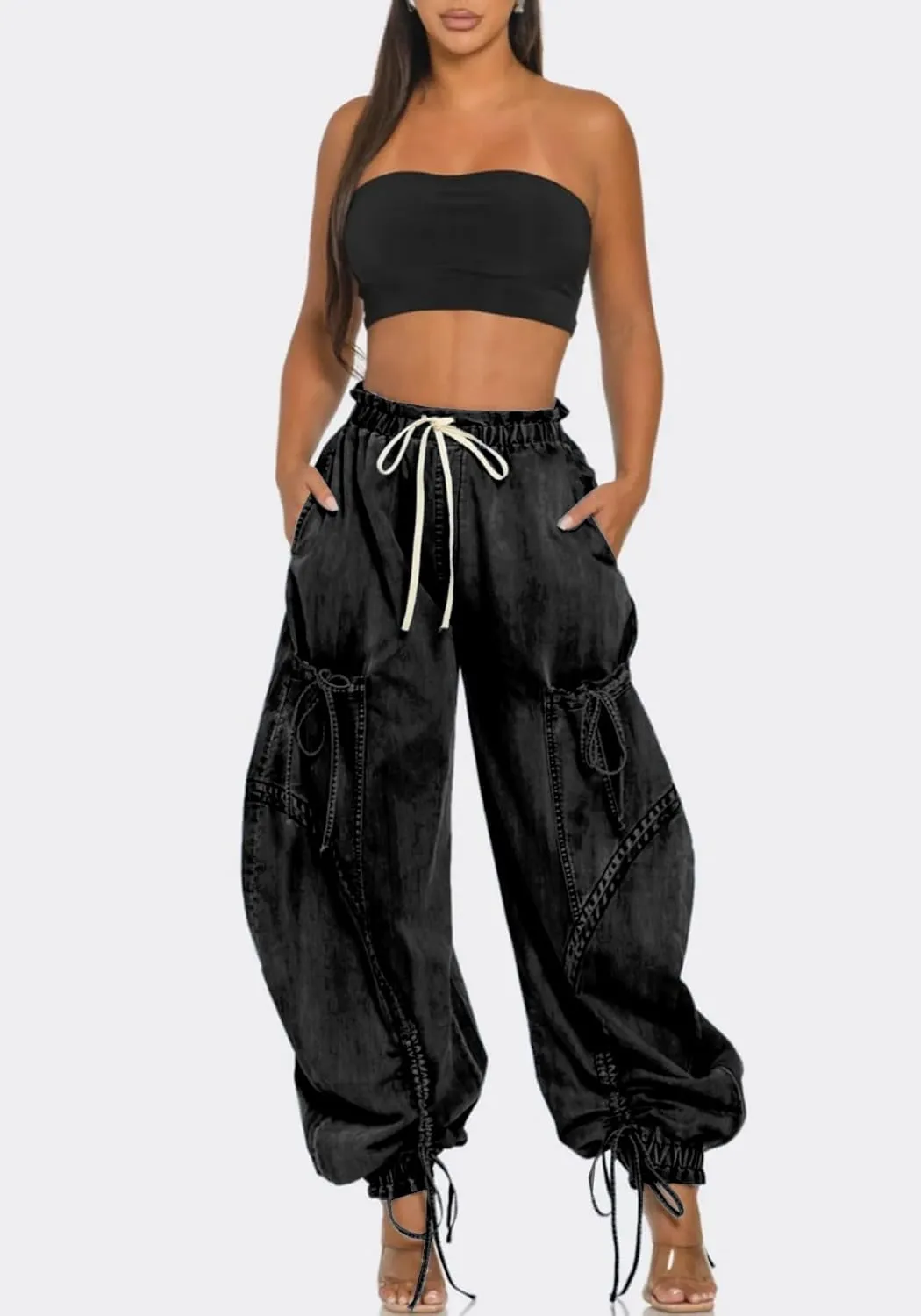 Unybwonn Women Baggy Barrel Jeans High Waisted Y2k Drawstring Bow Tie Cargo Jean Retro Wide Leg Ankle Denim Joggers