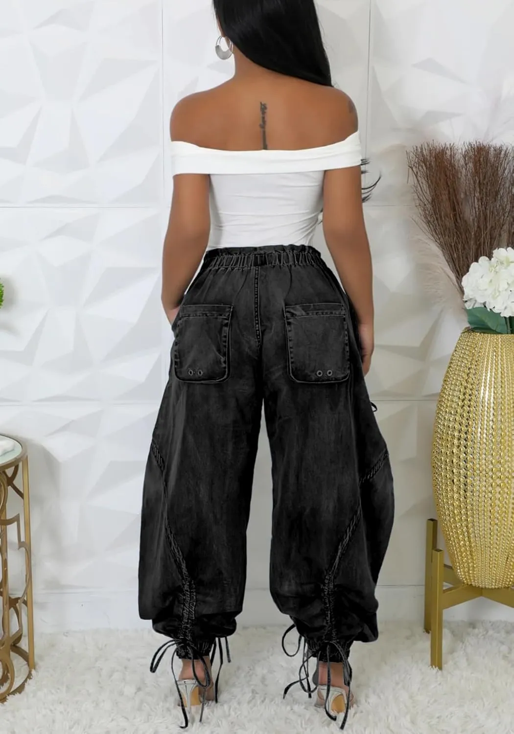 Unybwonn Women Baggy Barrel Jeans High Waisted Y2k Drawstring Bow Tie Cargo Jean Retro Wide Leg Ankle Denim Joggers