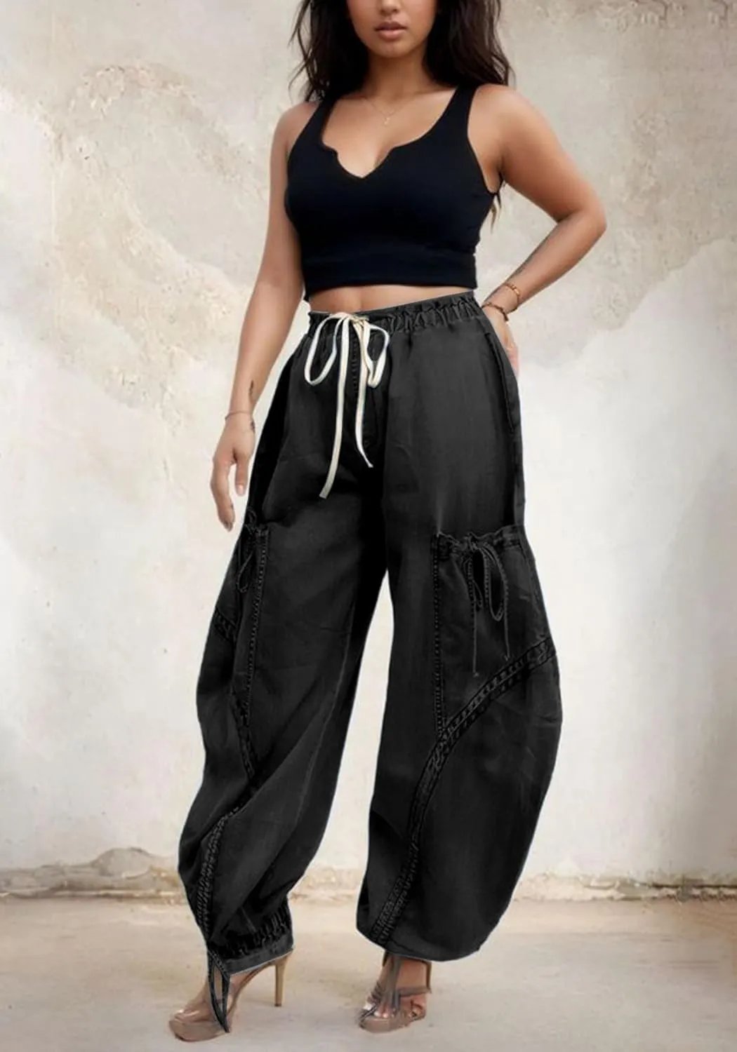 Unybwonn Women Baggy Barrel Jeans High Waisted Y2k Drawstring Bow Tie Cargo Jean Retro Wide Leg Ankle Denim Joggers
