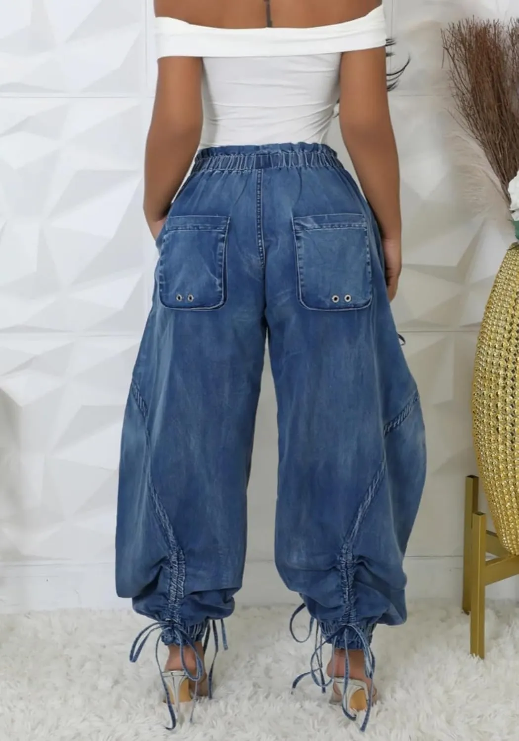 Unybwonn Women Baggy Barrel Jeans High Waisted Y2k Drawstring Bow Tie Cargo Jean Retro Wide Leg Ankle Denim Joggers