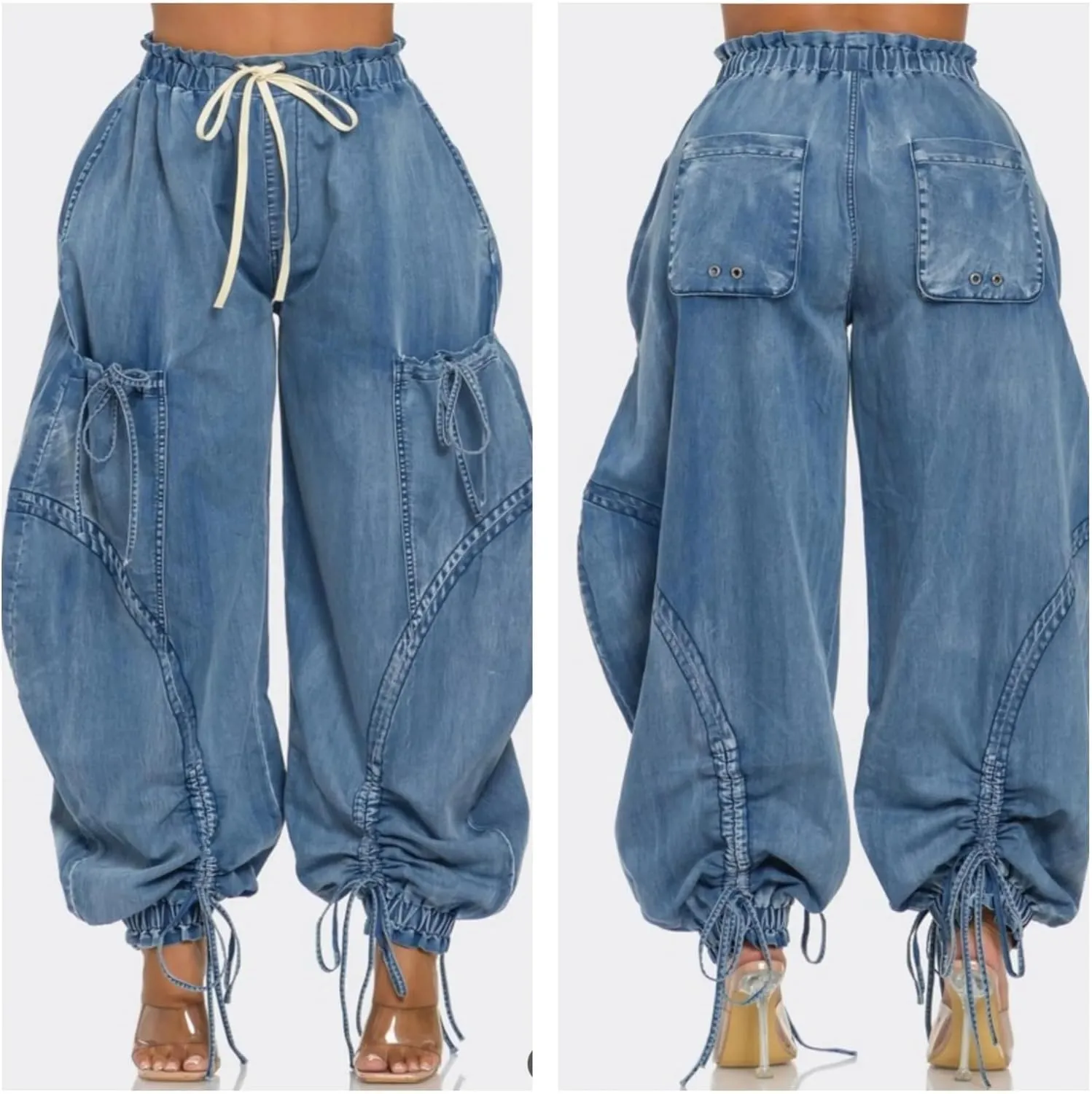 Unybwonn Women Baggy Barrel Jeans High Waisted Y2k Drawstring Bow Tie Cargo Jean Retro Wide Leg Ankle Denim Joggers