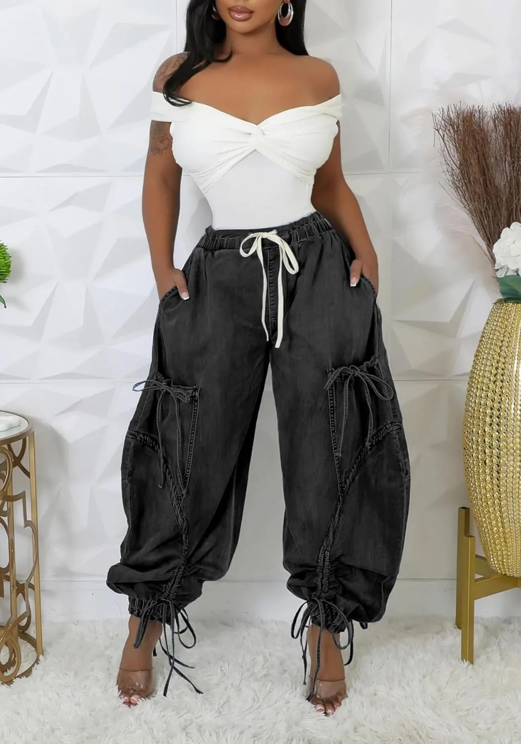 Unybwonn Women Baggy Barrel Jeans High Waisted Y2k Drawstring Bow Tie Cargo Jean Retro Wide Leg Ankle Denim Joggers