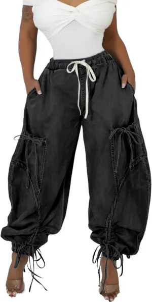 Unybwonn Women Baggy Barrel Jeans High Waisted Y2k Drawstring Bow Tie Cargo Jean Retro Wide Leg Ankle Denim Joggers