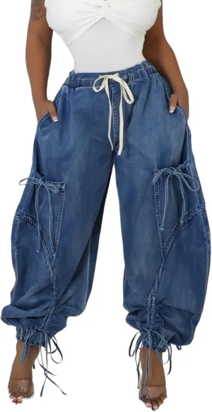 Unybwonn Women Baggy Barrel Jeans High Waisted Y2k Drawstring Bow Tie Cargo Jean Retro Wide Leg Ankle Denim Joggers
