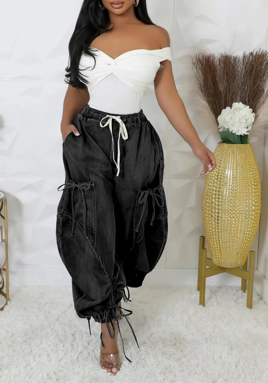 Unybwonn Women Baggy Barrel Jeans High Waisted Y2k Drawstring Bow Tie Cargo Jean Retro Wide Leg Ankle Denim Joggers