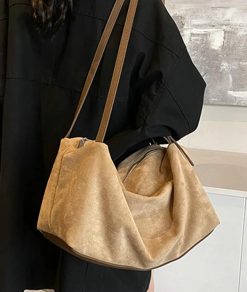 Versatile Suede Shoulder Bag for Women Large Capacity Hobo Bag Causal Satchel Purse Retro Crossbody Bag with Adjustable Strap