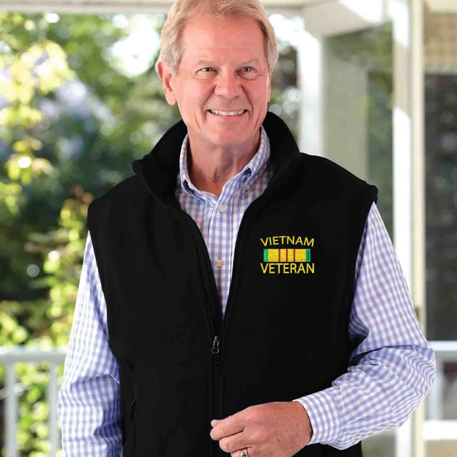 VetFriends.com Vietnam Veteran Fleece Vest Service Ribbon Emboridery Full Zip black Vest