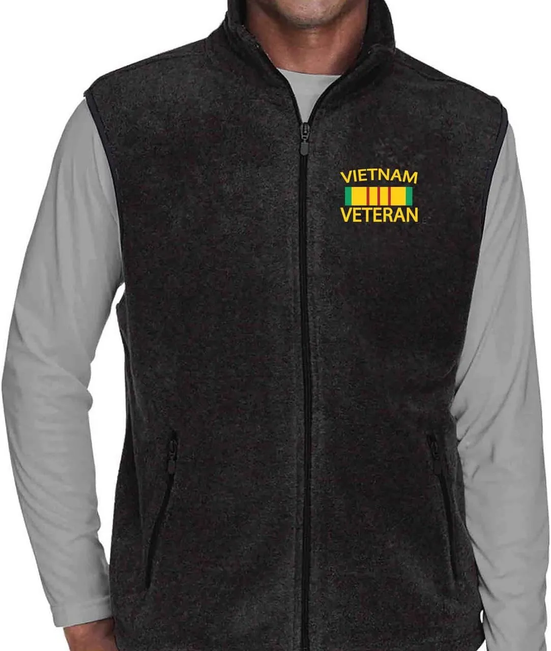 VetFriends.com Vietnam Veteran Fleece Vest Service Ribbon Emboridery Full Zip black Vest