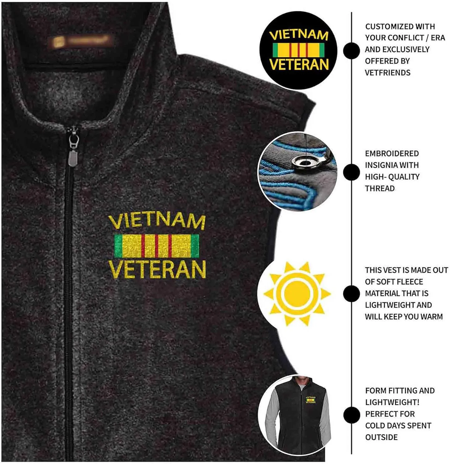 VetFriends.com Vietnam Veteran Fleece Vest Service Ribbon Emboridery Full Zip black Vest