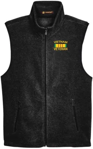 VetFriends.com Vietnam Veteran Fleece Vest Service Ribbon Emboridery Full Zip black Vest
