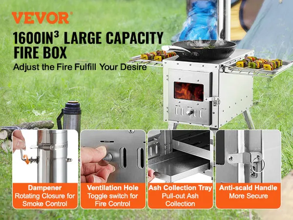 VEVOR Wood Stove, 86 inch, Stainless Steel Camping Tent Stove, Portable Wood Burning Stove with Chimney Pipes & Gloves, 3000in³Firebox Hot Tent Stove for Outdoor Cooking and Heating with 8 Pipes