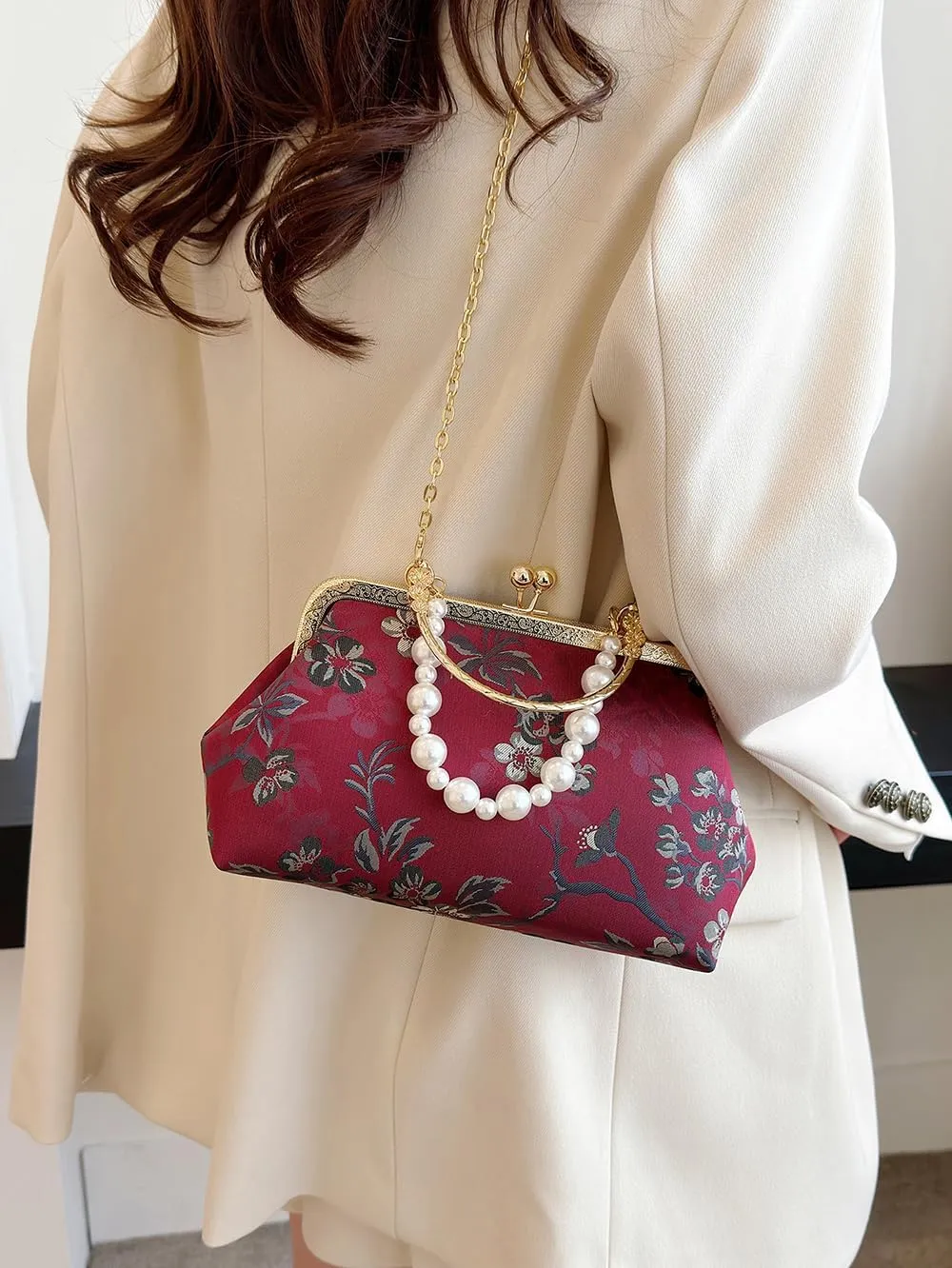Vintage Embroidered Flower Handbag, Flower Embroidery Rustic Shoulder Bag for Evening & Special Occasions