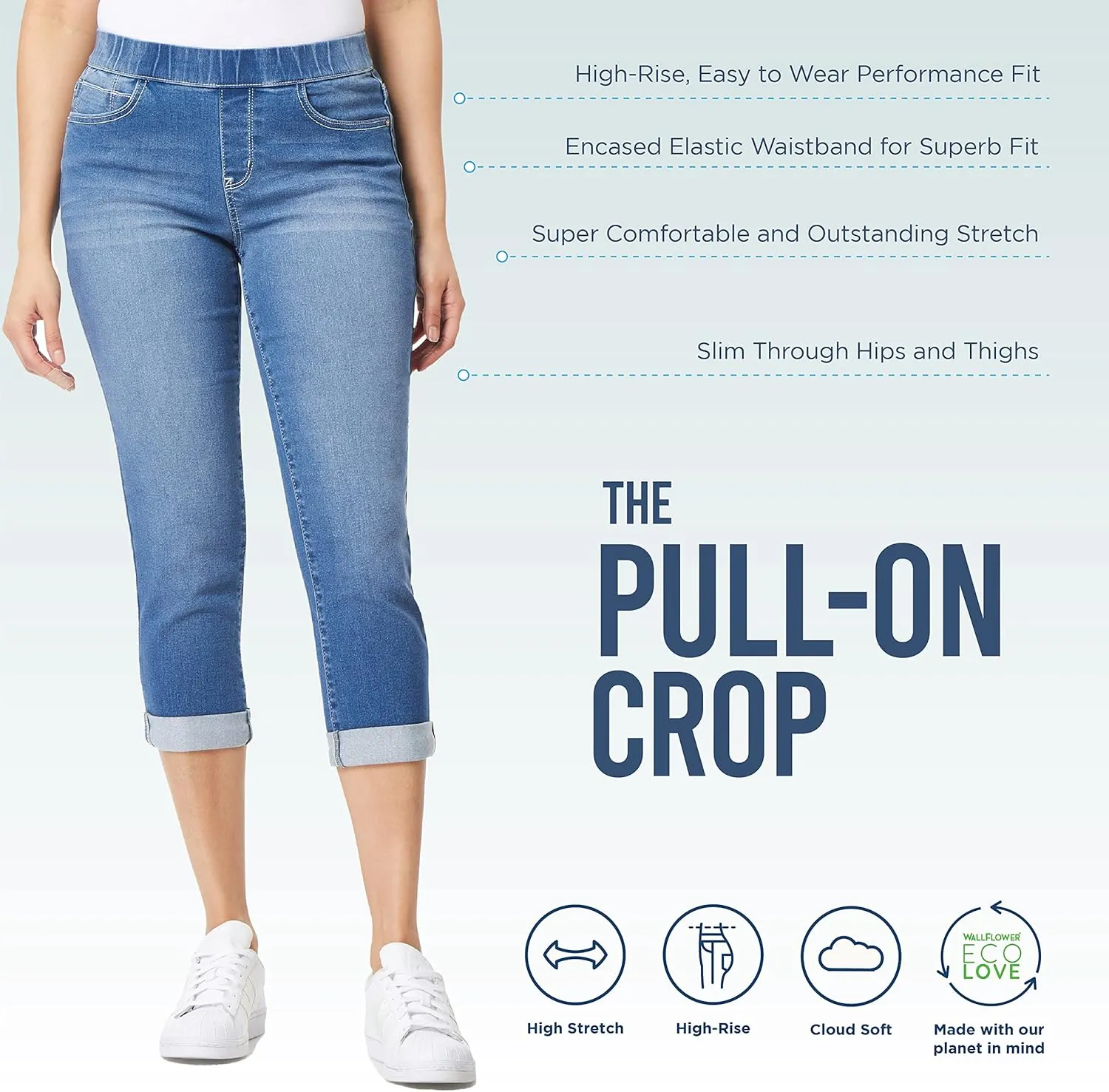 WallFlower Women's Pull on Denim Crop and Ankle High-Rise Insta Soft Juniors Jeans (Available in Plus Size)