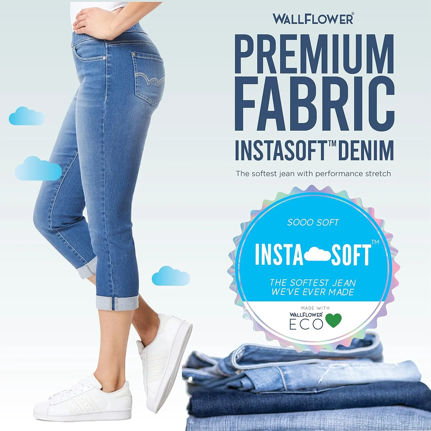 WallFlower Women's Pull on Denim Crop and Ankle High-Rise Insta Soft Juniors Jeans (Available in Plus Size)