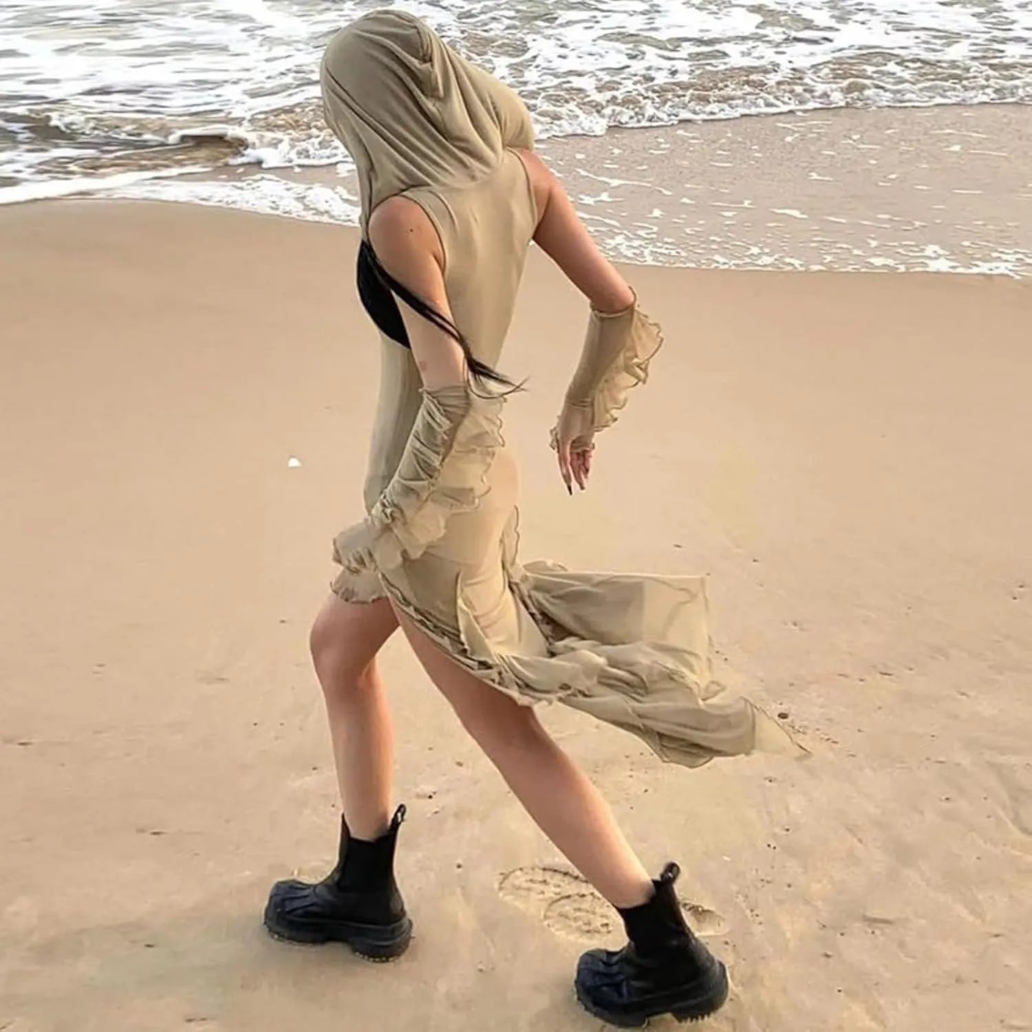 Wasteland Punk Cloak With Hood Medieval Costume Renaissance Vintage Sleeveless Dress Grunge High Slit Dresses
