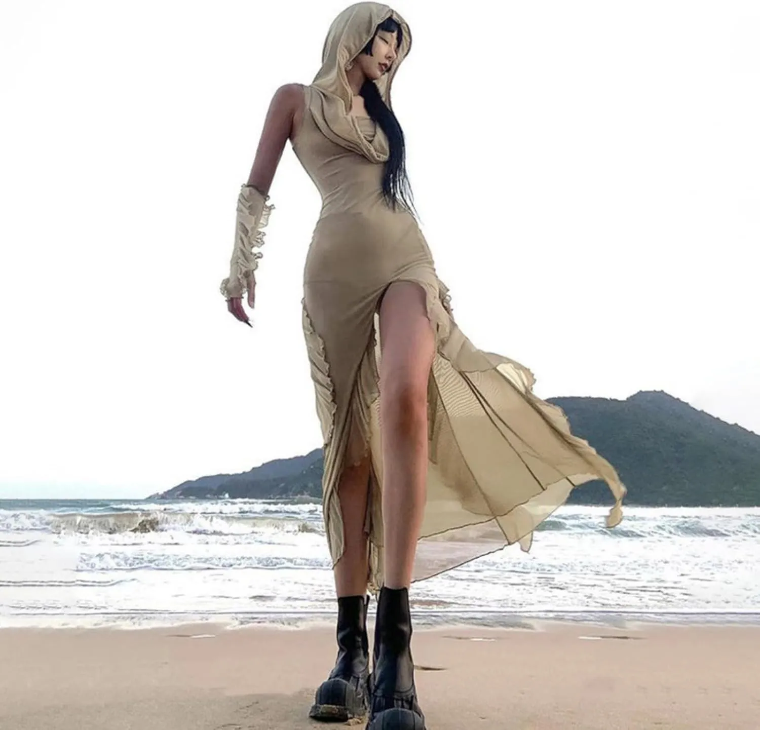 Wasteland Punk Cloak With Hood Medieval Costume Renaissance Vintage Sleeveless Dress Grunge High Slit Dresses