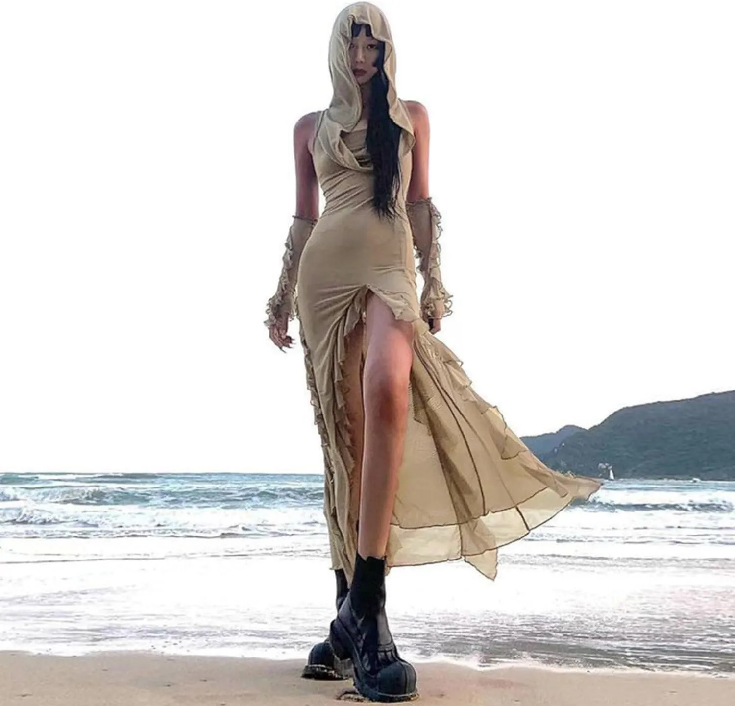 Wasteland Punk Cloak With Hood Medieval Costume Renaissance Vintage Sleeveless Dress Grunge High Slit Dresses