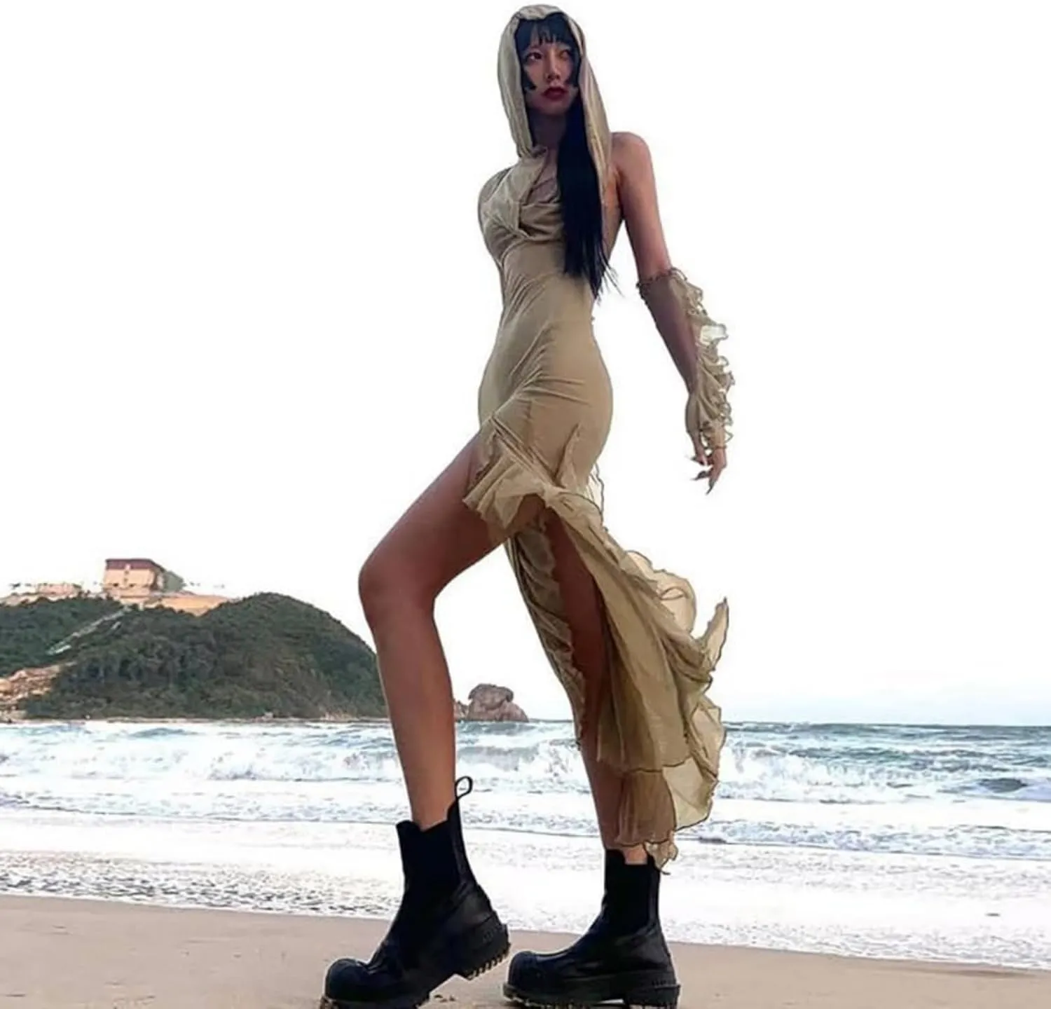 Wasteland Punk Cloak With Hood Medieval Costume Renaissance Vintage Sleeveless Dress Grunge High Slit Dresses