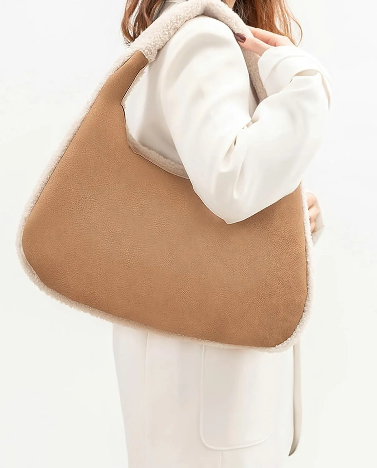 Women Fall Faux Shearling Tote Bag 2024 Vintage Lamb Wool Bucket Bag Versatile Shoulder Crossbody Bag Plush Handbag