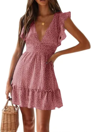 Women Floral Mini Dress Sexy V Neck Ruffle Flutter Sleeve Polka Dot Summer Dresses