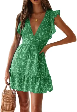 Women Floral Mini Dress Sexy V Neck Ruffle Flutter Sleeve Polka Dot Summer Dresses