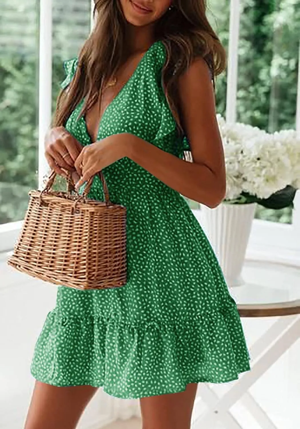 Women Floral Mini Dress Sexy V Neck Ruffle Flutter Sleeve Polka Dot Summer Dresses