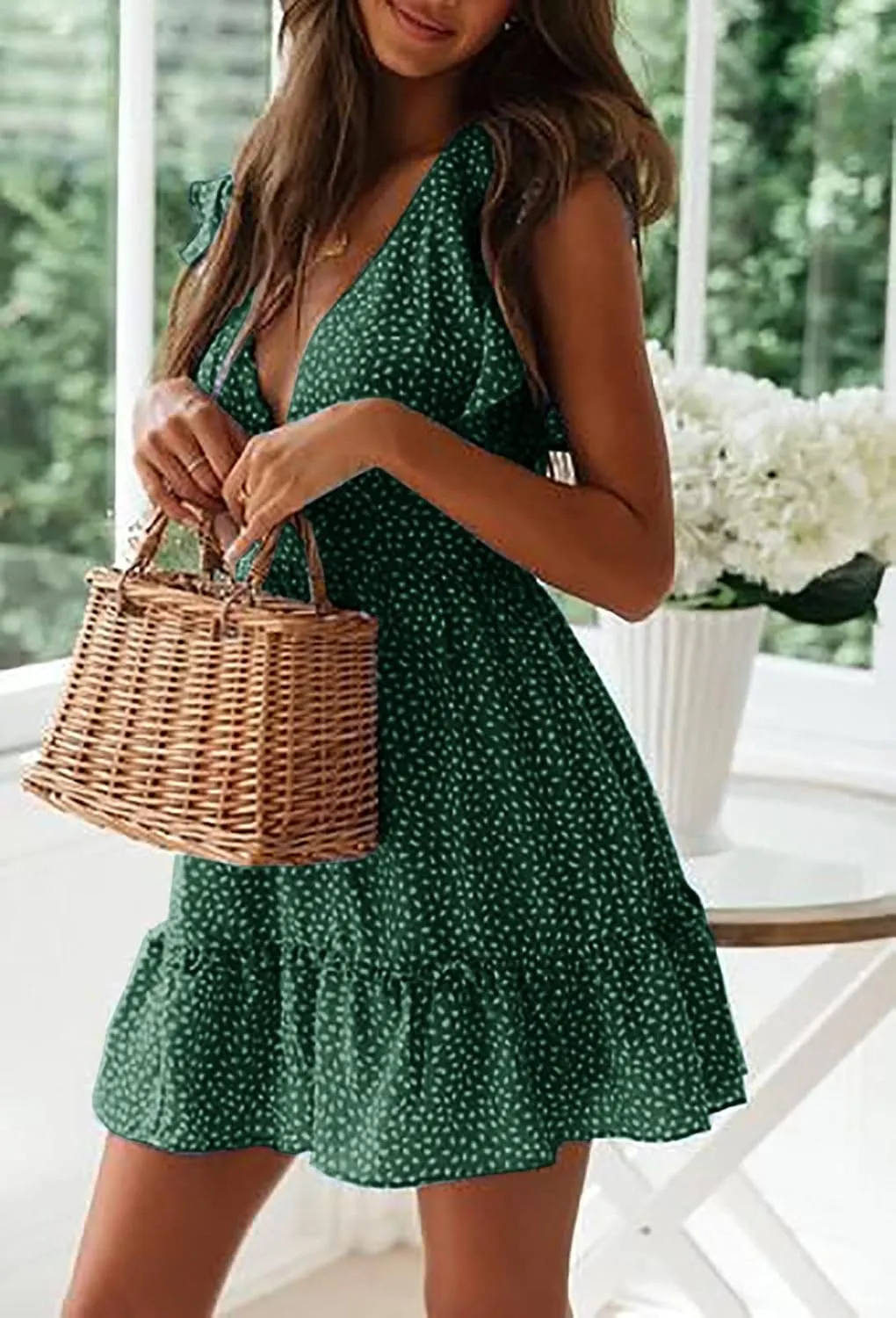 Women Floral Mini Dress Sexy V Neck Ruffle Flutter Sleeve Polka Dot Summer Dresses