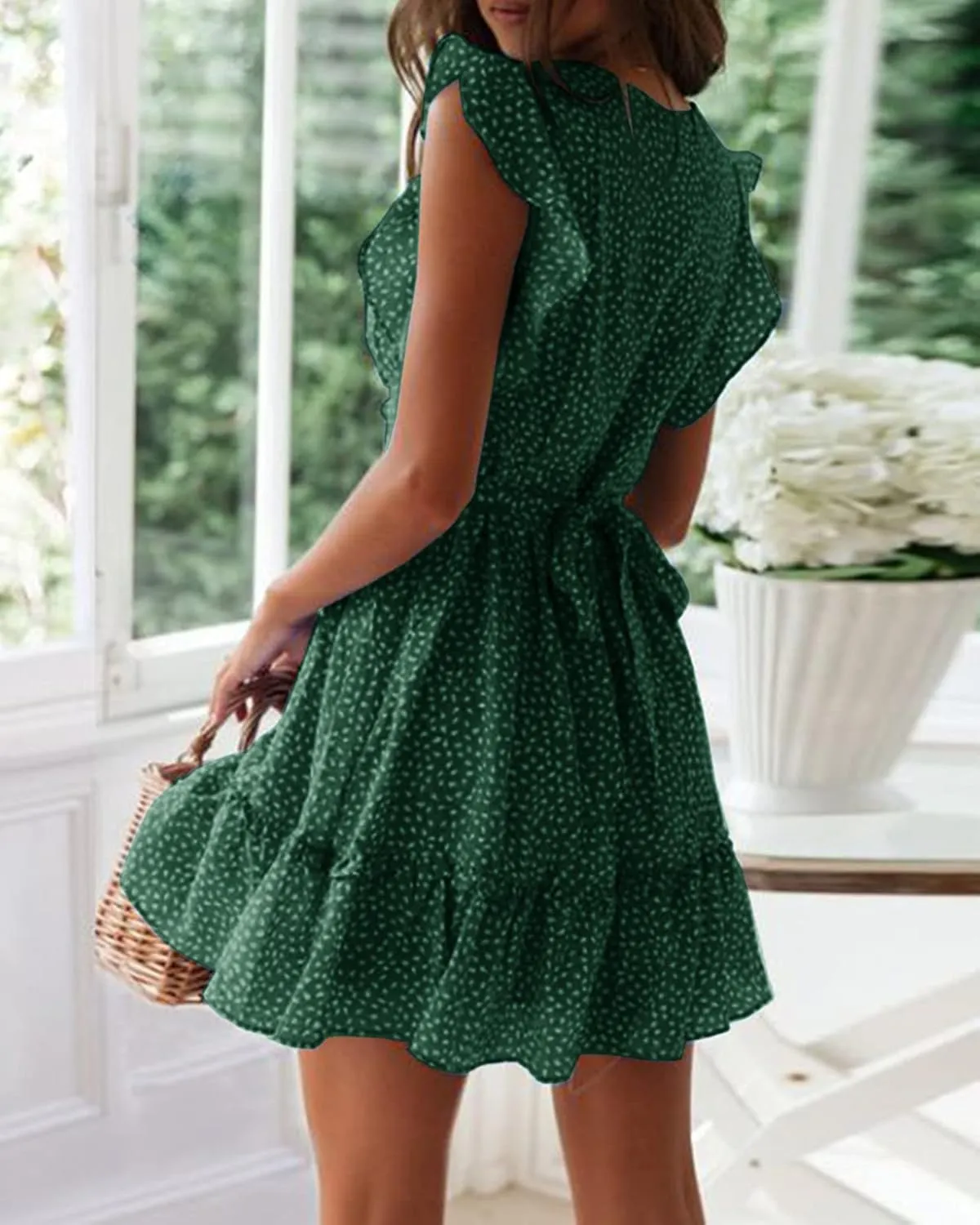 Women Floral Mini Dress Sexy V Neck Ruffle Flutter Sleeve Polka Dot Summer Dresses