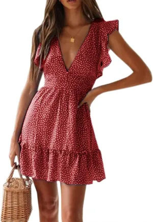 Women Floral Mini Dress Sexy V Neck Ruffle Flutter Sleeve Polka Dot Summer Dresses