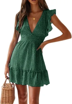 Women Floral Mini Dress Sexy V Neck Ruffle Flutter Sleeve Polka Dot Summer Dresses