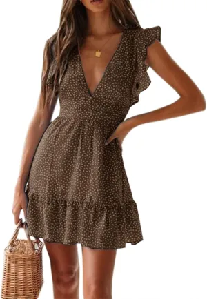 Women Floral Mini Dress Sexy V Neck Ruffle Flutter Sleeve Polka Dot Summer Dresses