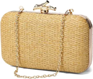 Women Hand-Woved Evening Bag with Chain Strap Straw Beach Handbag Versatile Crochet Crossbody Bag Ladies Summer Da
