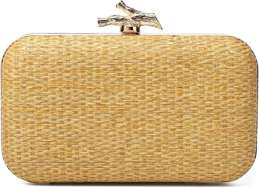 Women Hand-Woved Evening Bag with Chain Strap Straw Beach Handbag Versatile Crochet Crossbody Bag Ladies Summer Da