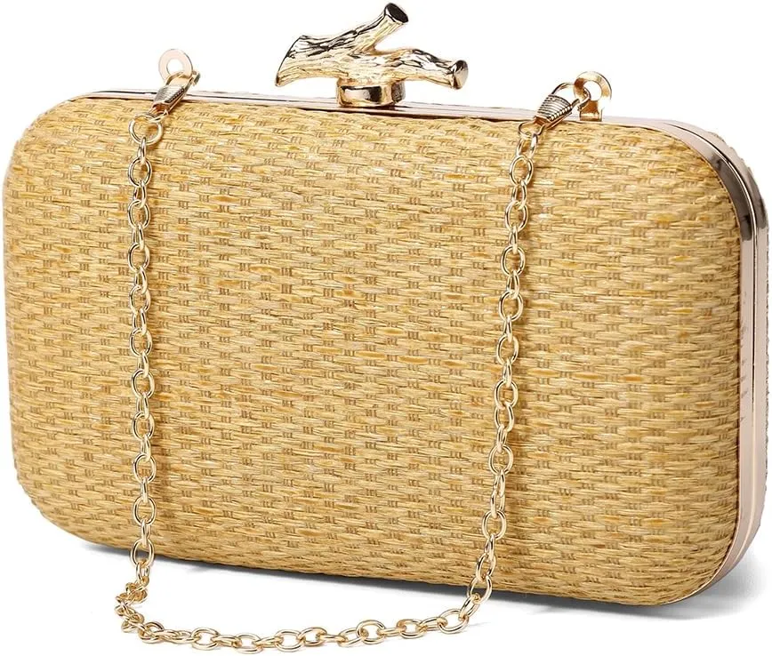 Women Hand-Woved Evening Bag with Chain Strap Straw Beach Handbag Versatile Crochet Crossbody Bag Ladies Summer Da