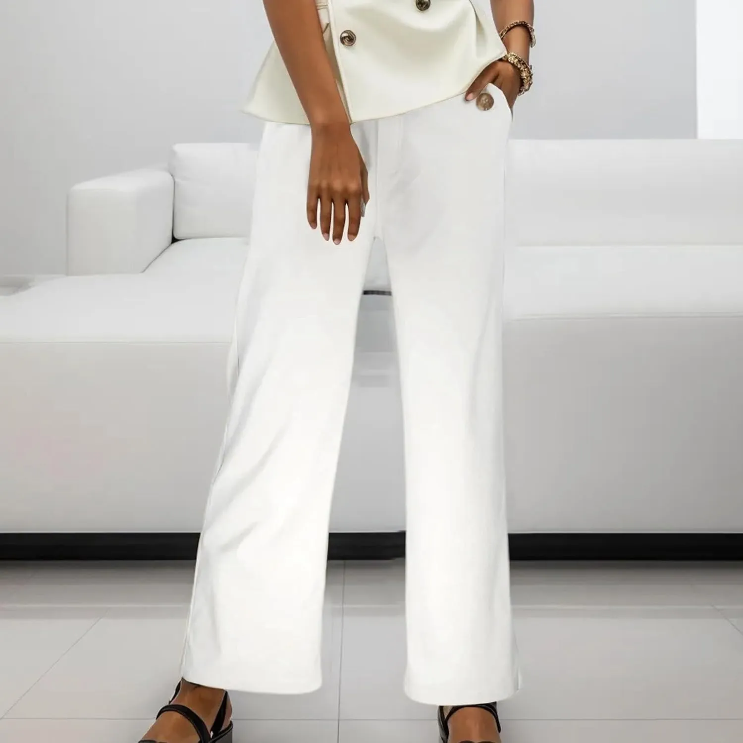 Women High Waist Casual Wide Leg Long Linen Palazzo Pants Trousers Stretch Twill Cropped Plus Size Pants with Pockets
