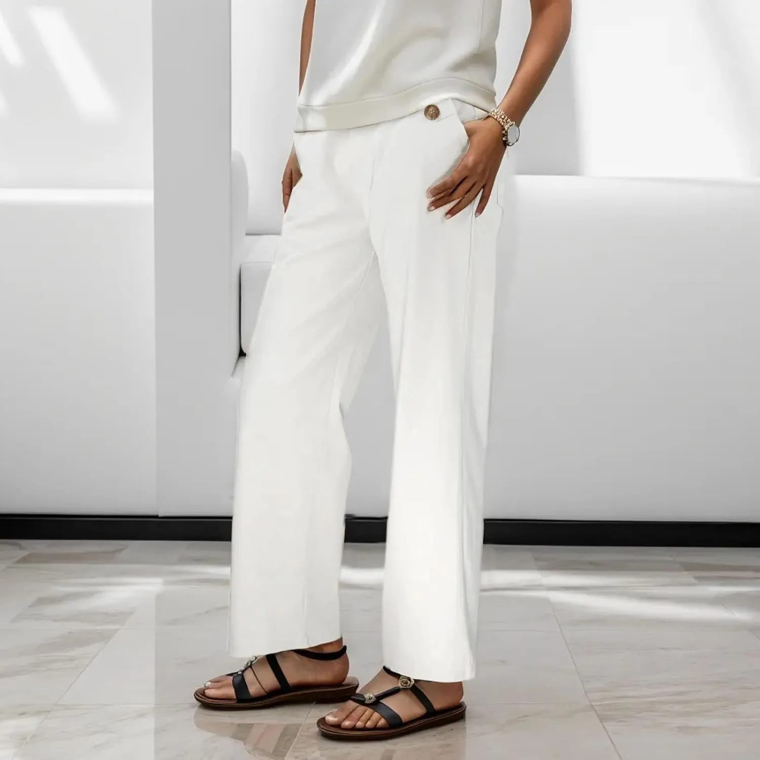 Women High Waist Casual Wide Leg Long Linen Palazzo Pants Trousers Stretch Twill Cropped Plus Size Pants with Pockets