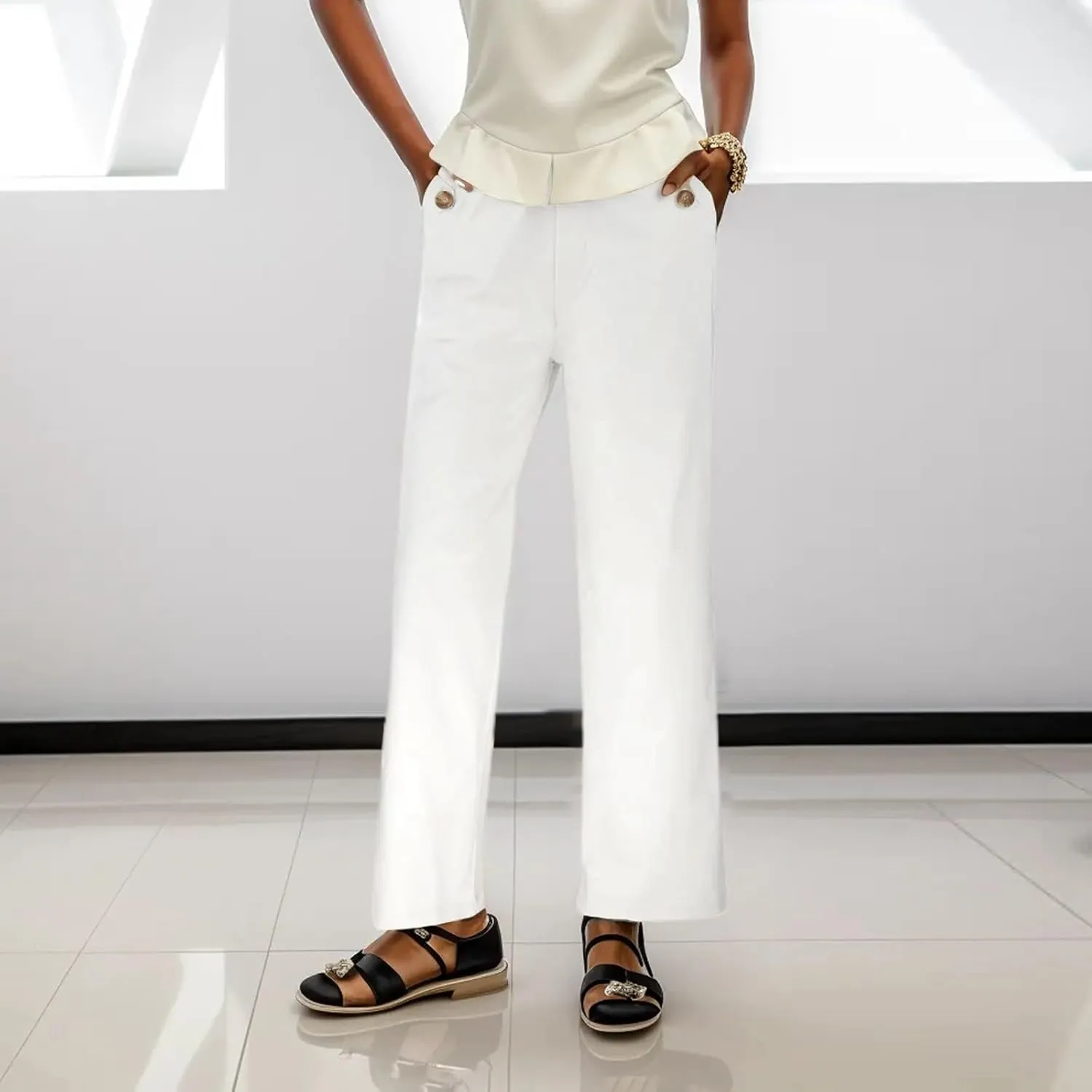 Women High Waist Casual Wide Leg Long Linen Palazzo Pants Trousers Stretch Twill Cropped Plus Size Pants with Pockets