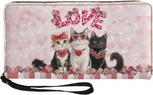 Women Long Wallet with Wristlet Credit Card Holder Zip Waterproof for Travel Wristlet Phone Wallet Cute Cat Love Floral Print Stylish Ladies Purse Convenient Long Purse