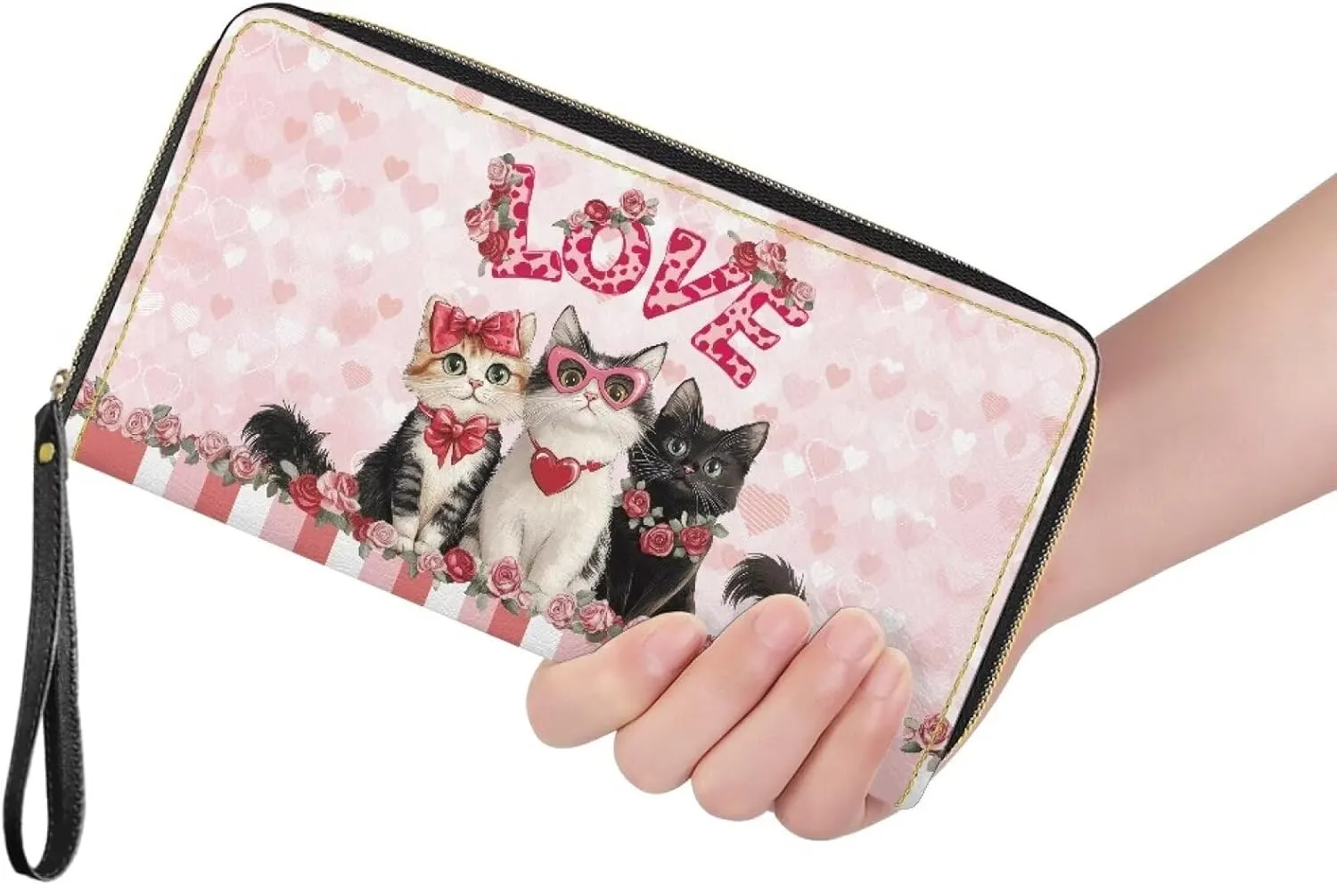 Women Long Wallet with Wristlet Credit Card Holder Zip Waterproof for Travel Wristlet Phone Wallet Cute Cat Love Floral Print Stylish Ladies Purse Convenient Long Purse