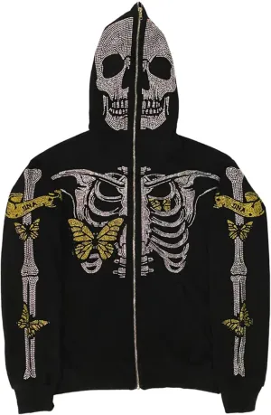 Women Men Zip Up Oversize Hoodie Gothic Skeleton Butterfly Rhinestones Graphic Sweatshirt Jacket Pullover Cardigan Streetwear