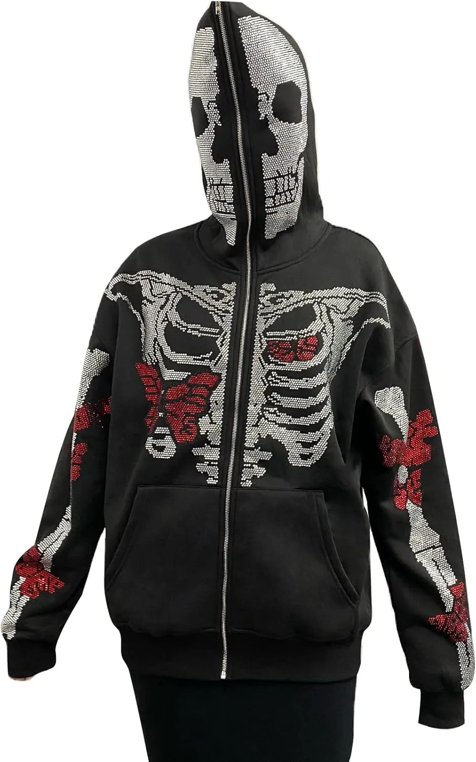 Women Men Zip Up Oversize Hoodie Gothic Skeleton Butterfly Rhinestones Graphic Sweatshirt Jacket Pullover Cardigan Streetwear