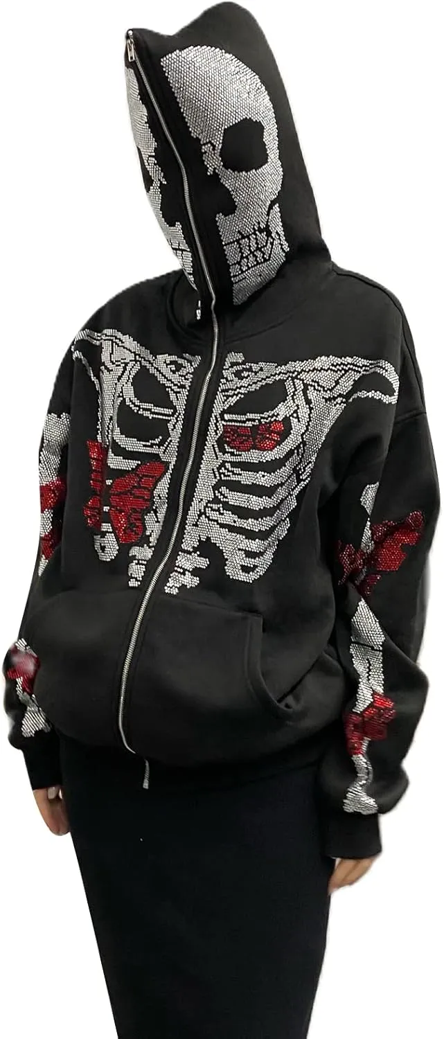 Women Men Zip Up Oversize Hoodie Gothic Skeleton Butterfly Rhinestones Graphic Sweatshirt Jacket Pullover Cardigan Streetwear