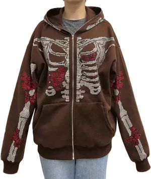 Women Men Zip Up Oversize Hoodie Gothic Skeleton Butterfly Rhinestones Graphic Sweatshirt Jacket Pullover Cardigan Streetwear