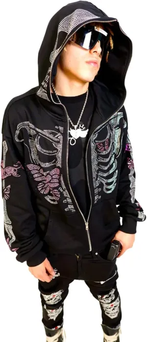 Women Men Zip Up Oversize Hoodie Gothic Skeleton Butterfly Rhinestones Graphic Sweatshirt Jacket Pullover Cardigan Streetwear